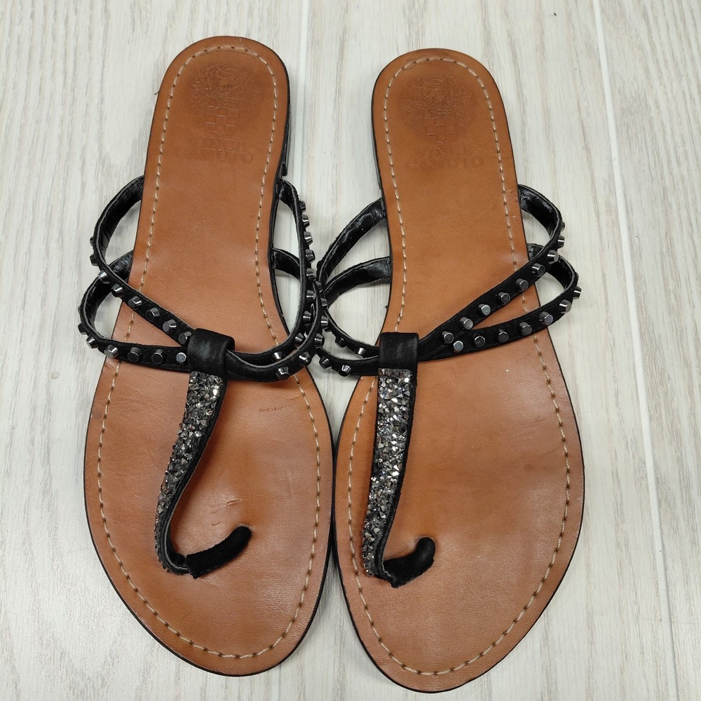 Vince‎ Camuto Rhinestone Studed Sz 8.5 Black Patent Flip Flop Flat Sandal Silver